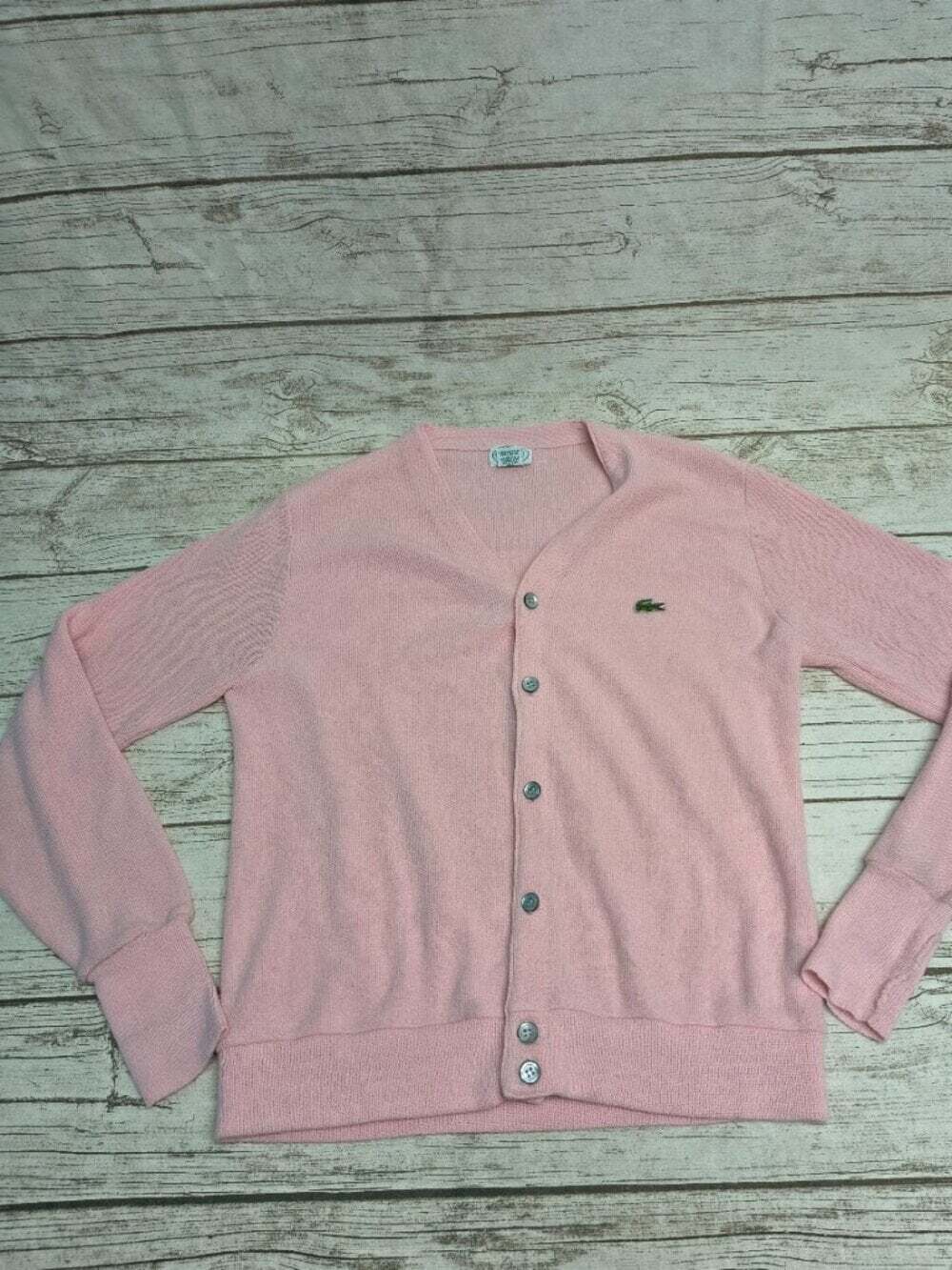 Vintage Izod Lacoste Pink Button Front Cardigan Sweater Made in USA Size Medium